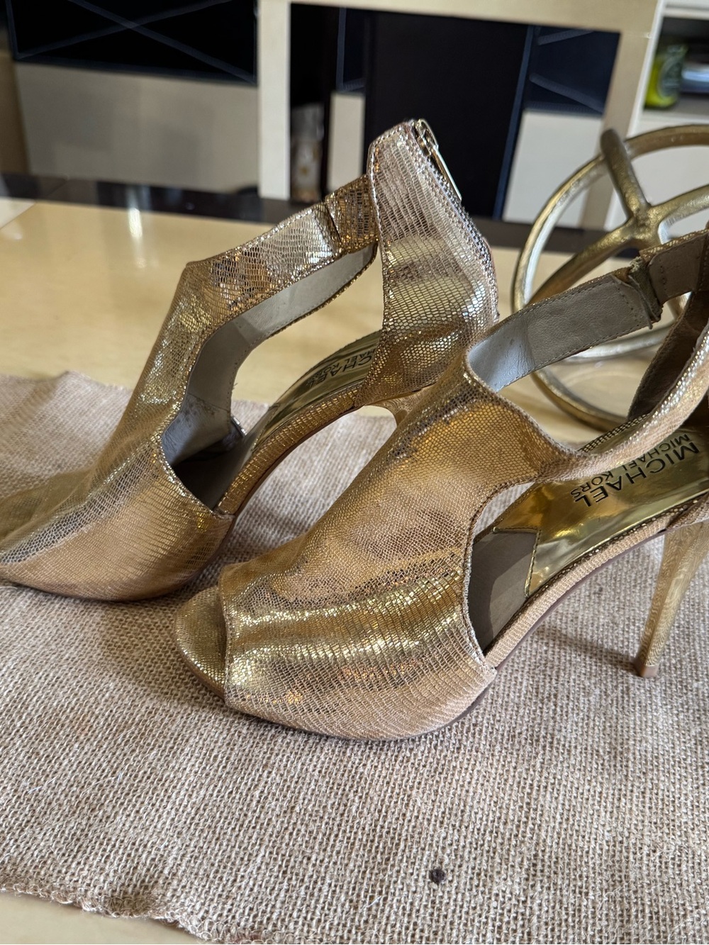 Michael Kors Gold Metallic Peep-Toe Slingback Heels